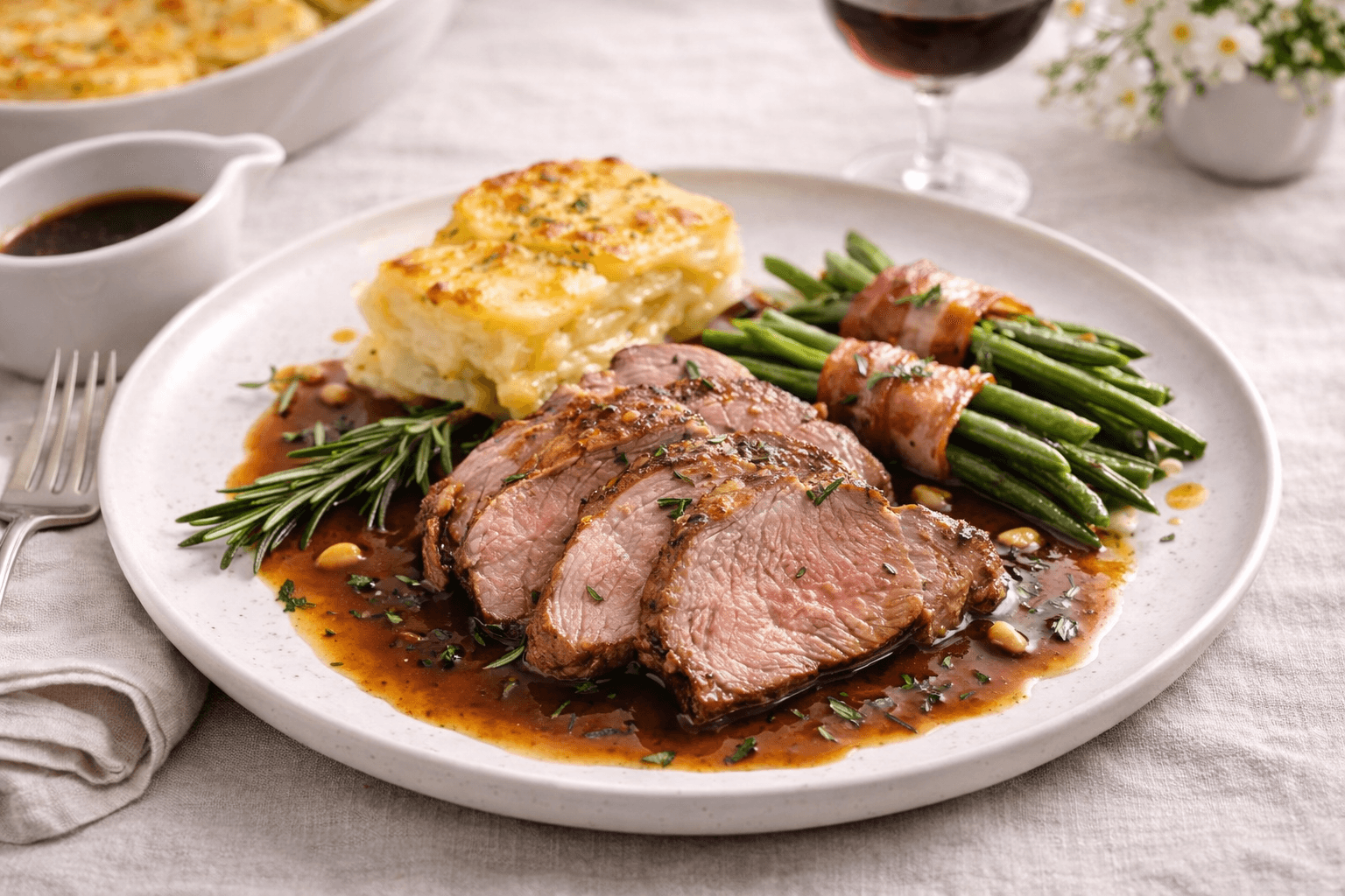 Braten mit Sauce, Kartoffelgratin und Bohnen im Speckmantel